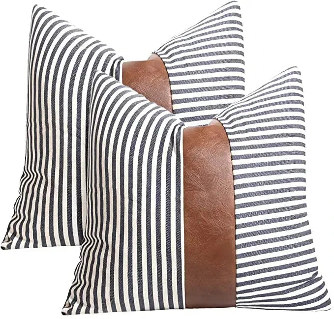 Home Decor Throw Pillow Cover Decorative Pillow Case Design Black Strips Faux Leather Patch Pillow 18x18 Geometric Cushion Cover Julia M LifeStyles