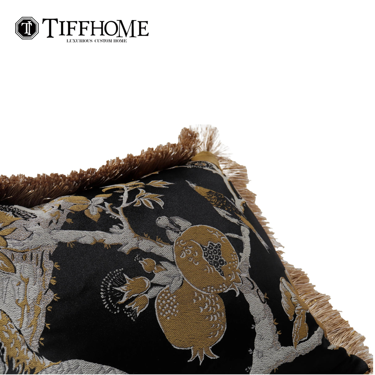Modern Organic Decorative Bed Sofa Pillows Cushions Black Gold Waist Pillow Cases with Flower Bird Tassels Home Decor Julia M LifeStyles