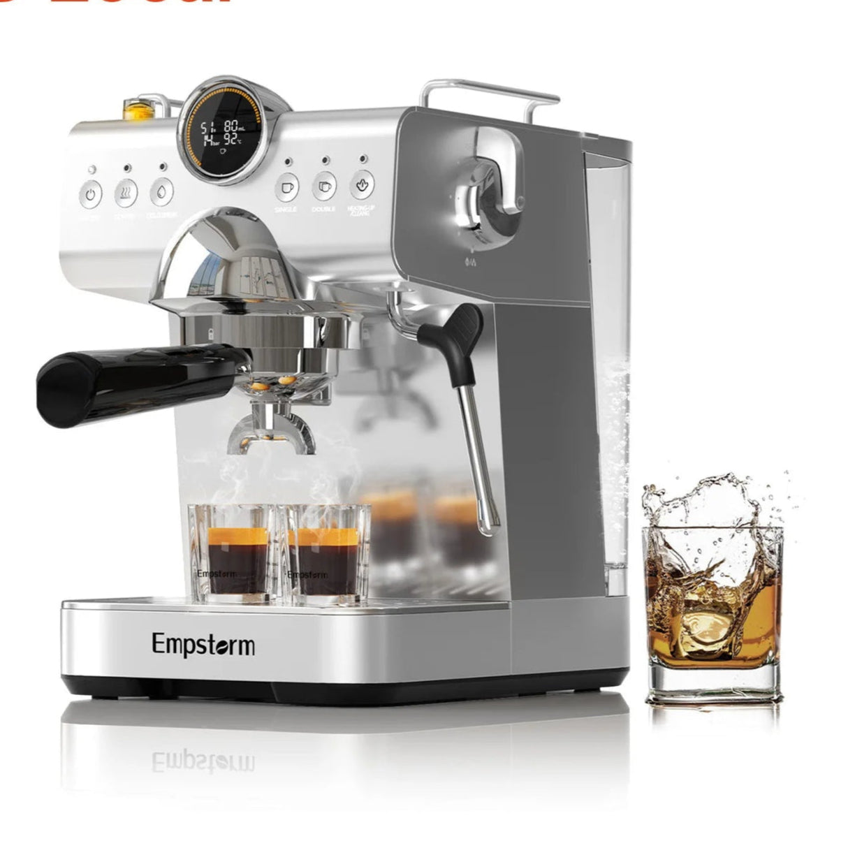 Espresso machine with Empstorm branding and a glass of liquid on a white background