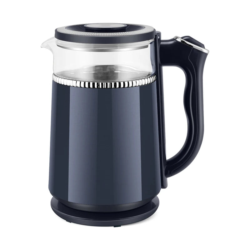 Black electric kettle with clear glass carafe on a white background