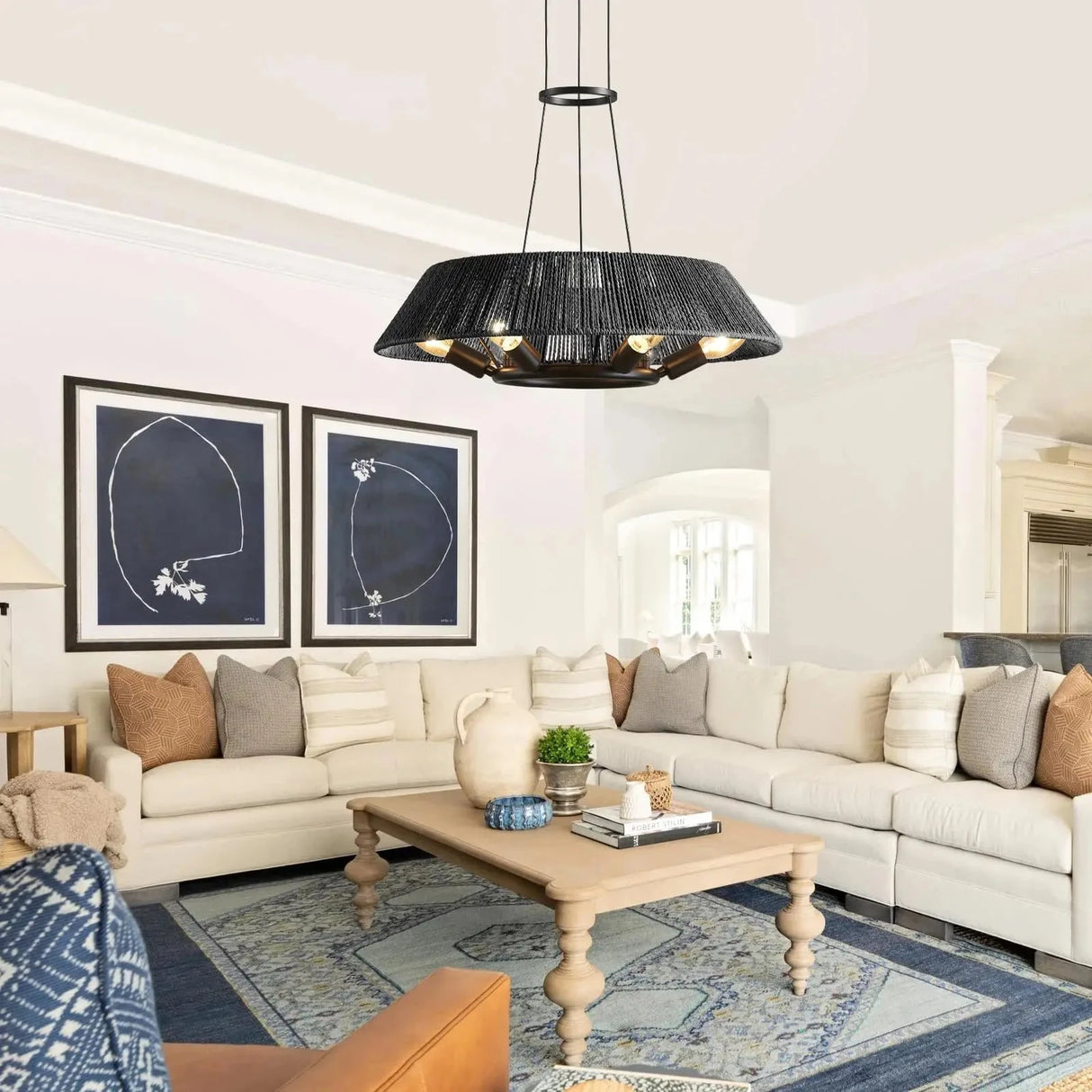 Farmhouse Chandelier Light Fixtures Hand Woven Fabric Shade Coastal Hanging Lighting for Dining Room Kitchen Island Living Room Julia M LifeStyles