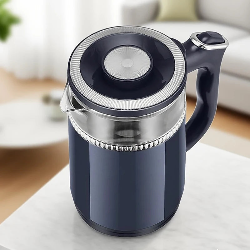 Navy blue teapot with clear glass body on a white surface