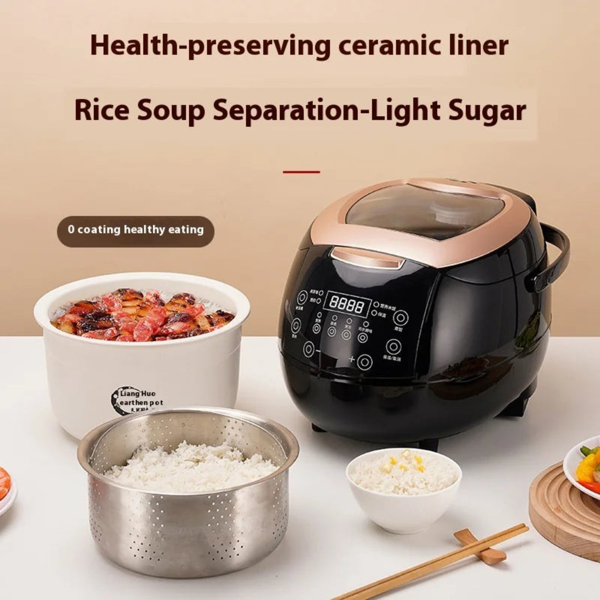 Electric rice cooker with various dishes on a table, featuring text about health-preserving ceramic liner.