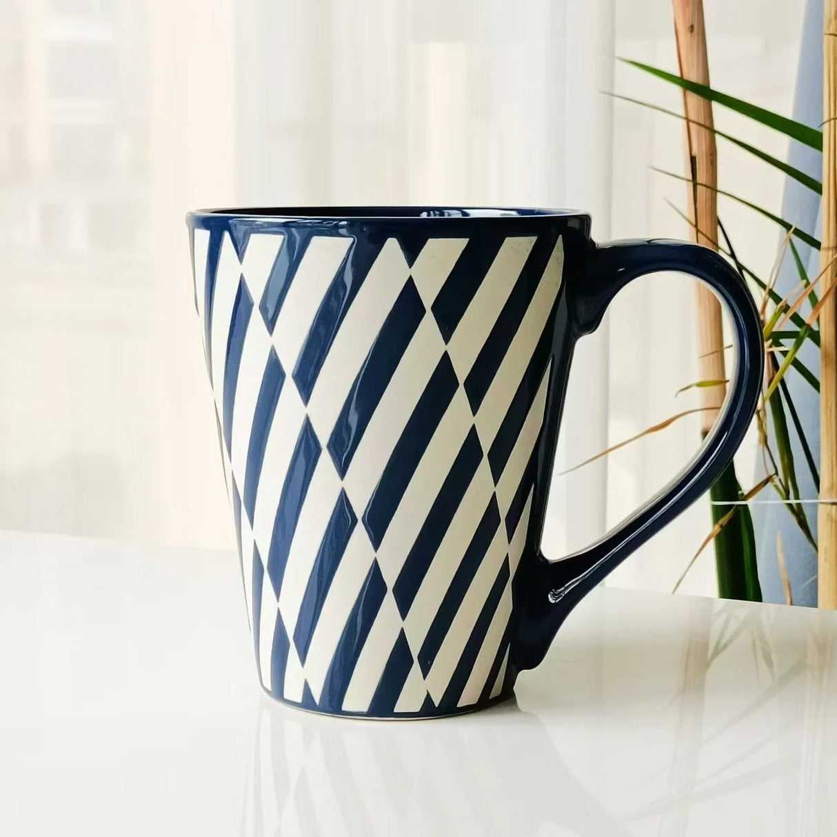 500ml Classic Large Capacity White Line Ceramic Cup Dark Blue Mug