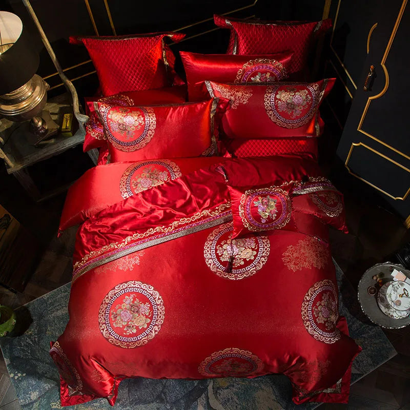 Golden Silver Red Luxury Wedding Royal Bedding sets Queen King size Embroidery Silk Satin Bohemia Duvet cover Bed sheet set - Julia M LifeStyles