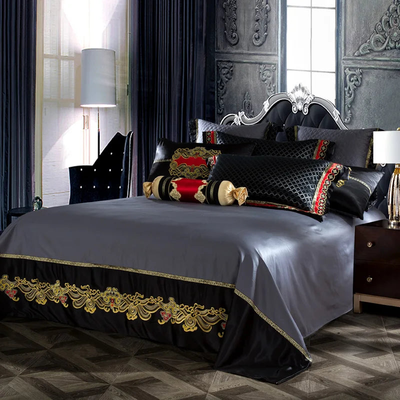 IvaRose Luxury Blue Black Silk Satin Bedding Set - Queen/King Size - Julia M LifeStyles