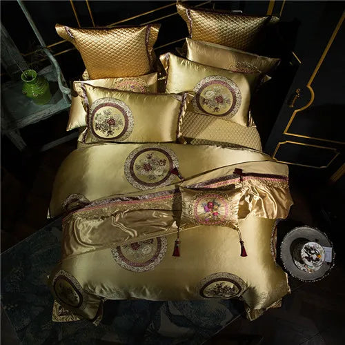 Golden Silver Red Luxury Wedding Royal Bedding sets Queen King size Embroidery Silk Satin Bohemia Duvet cover Bed sheet set - Julia M LifeStyles