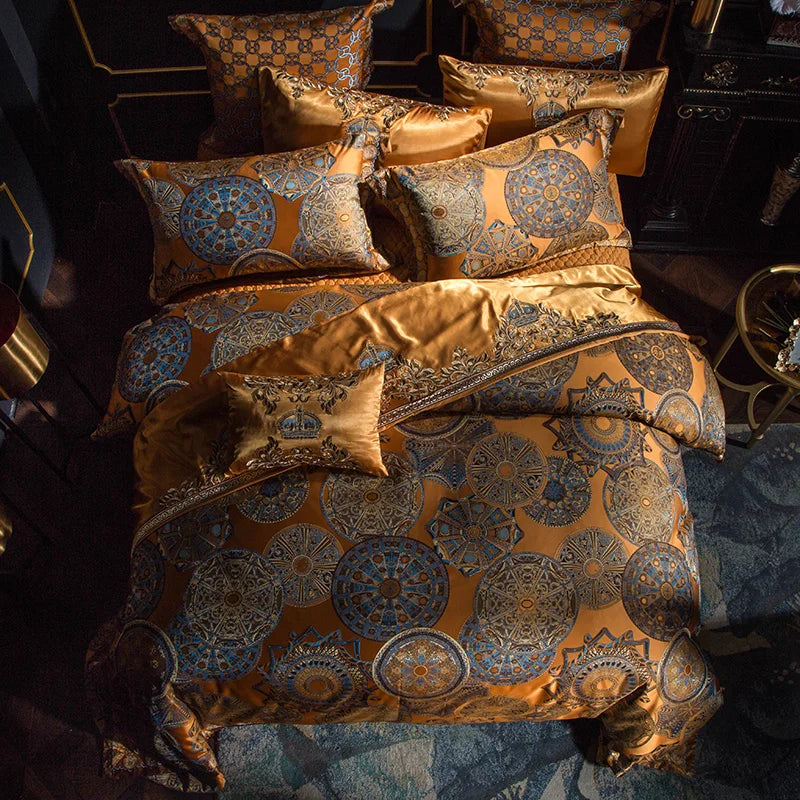 Luxury Golden Silver Satin Cotton Bedding Set - Oversized Queen/King Duvet Cover with Pillowcases - Julia M LifeStyles