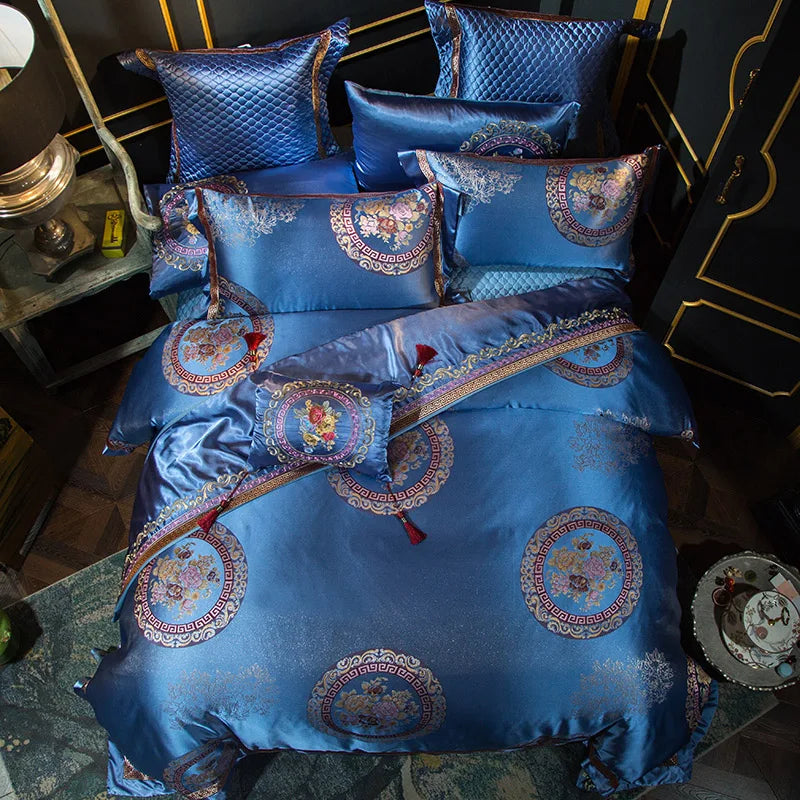 Golden Silver Red Luxury Wedding Royal Bedding sets Queen King size Embroidery Silk Satin Bohemia Duvet cover Bed sheet set - Julia M LifeStyles