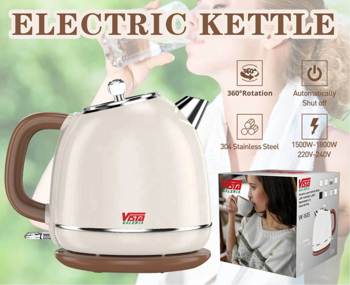 Electric kettle with brown handle and base, featuring Vista Galeria branding.