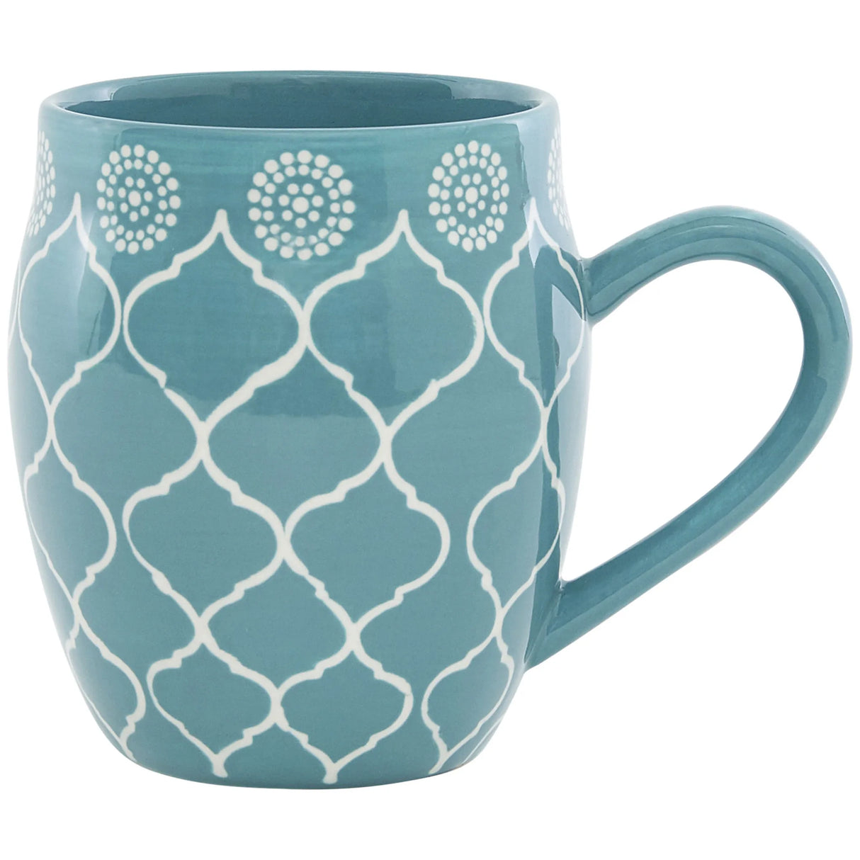 Blue mug with white geometric pattern on a white background