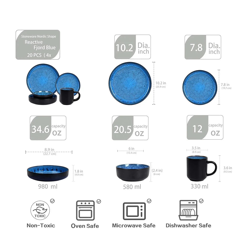 Microwave, Dishwasher, Oven Safe Blue Bubble 20pcs Plate and Bowl Set Reactive Glaze Stoneware Dinnerware Sets for 4 Julia M LifeStyles