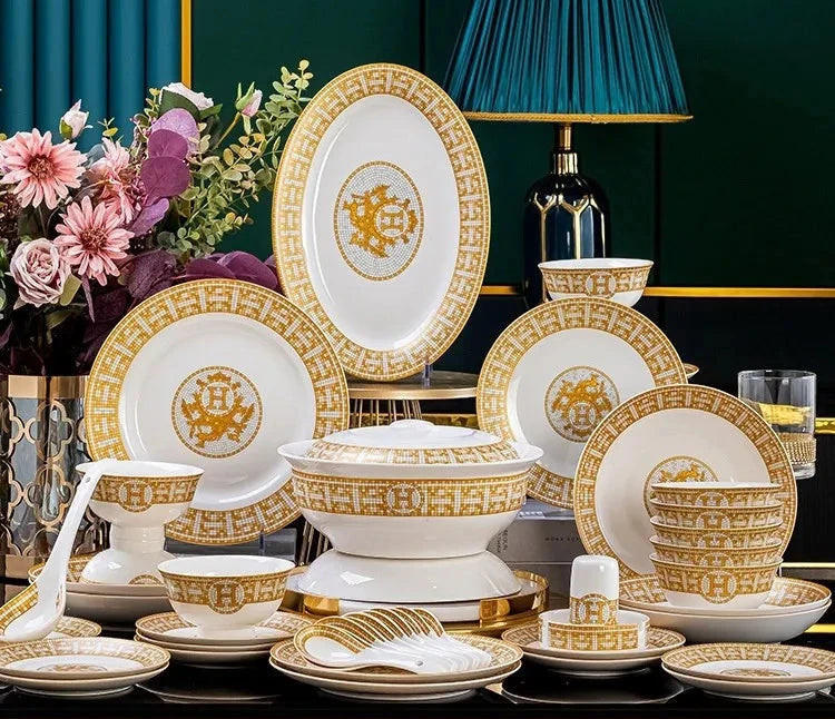 60 Pcs Golden Mosaic Eco-Friendly Porcelain Tableware Set Julia M LifeStyles
