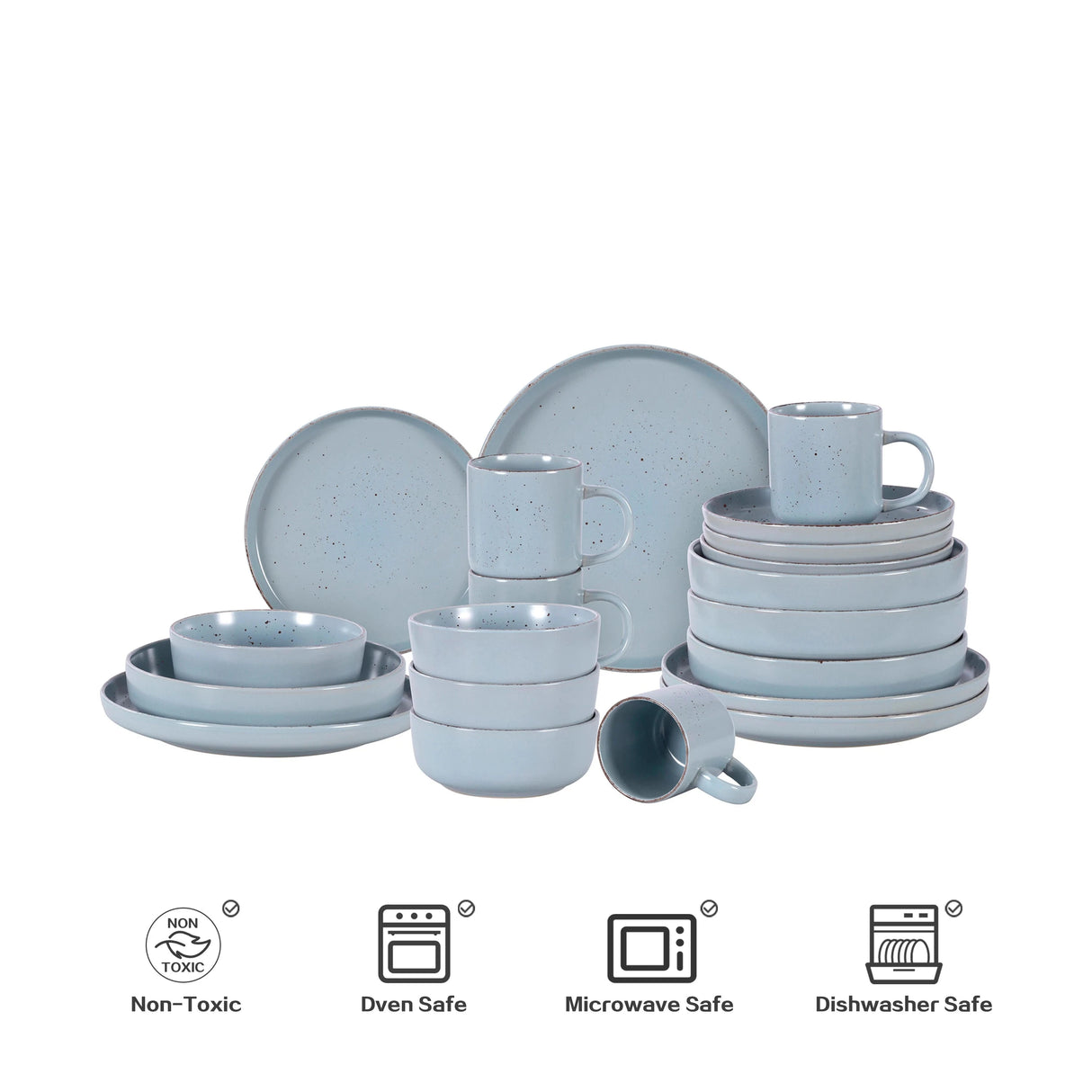 Nordic Style Round Stoneware 20pc Dinnerware Sets Speckled Matt Light Blue Plate and Bowl Set Julia M LifeStyles