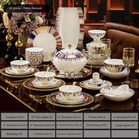 Decorative table setting with elegant teapots, cups, and saucers in a luxurious room.