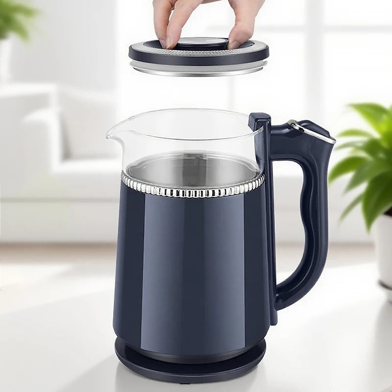 Blue glass pitcher with black handle and lid on a white surface