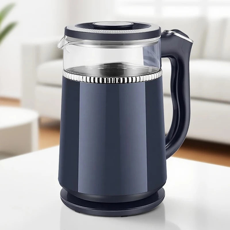 Blue electric kettle on a white surface with a blurred background