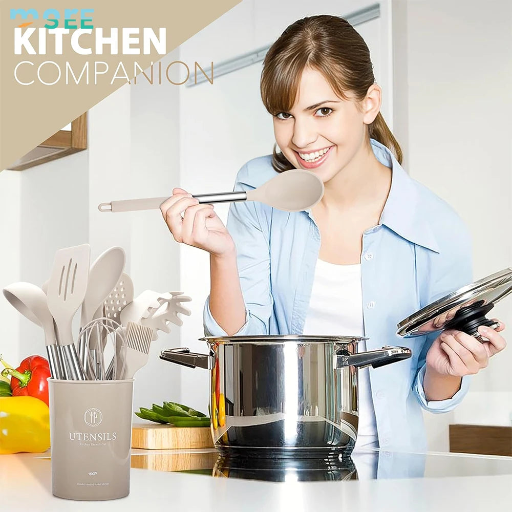 28-Piece Khaki Silicone Cooking Utensil Set with Holder and Wooden Handles - Julia M LifeStyles