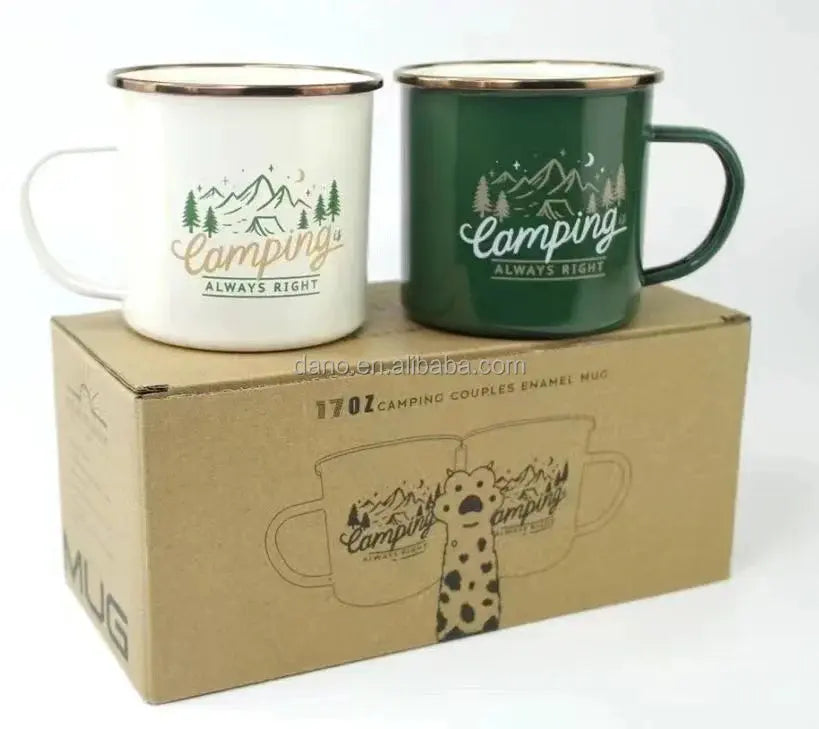 Two camping-themed mugs on a cardboard box with 'Camping Always Right' text.