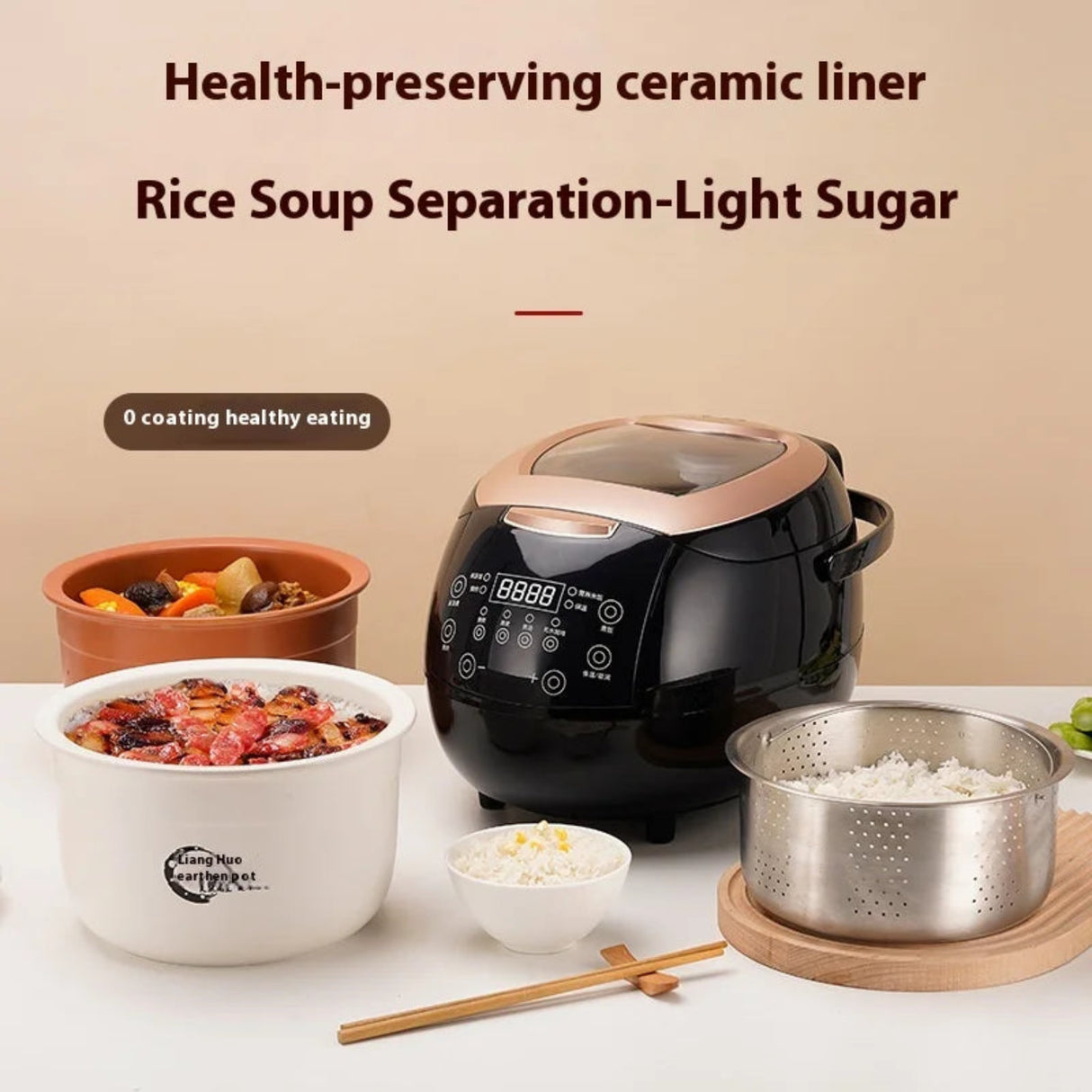 Electric rice cooker with ceramic liner, bowls of food, and a health-preserving liner on a beige background.