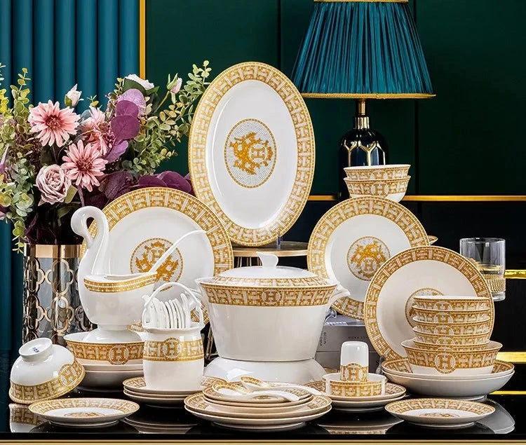 60 Pcs Golden Mosaic Eco-Friendly Porcelain Tableware Set Julia M LifeStyles