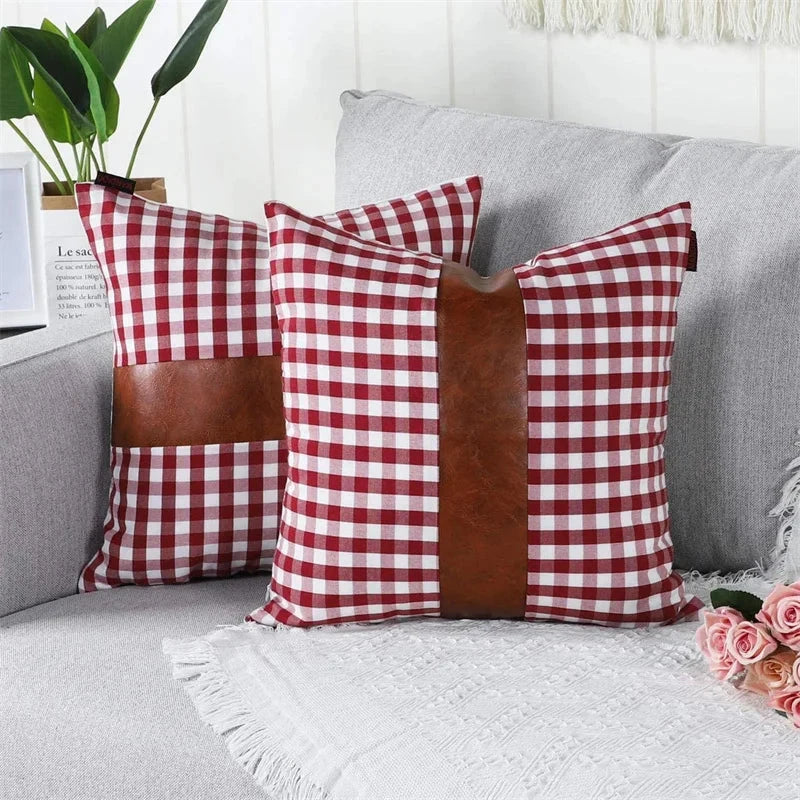 Buffalo Check Plaid Farmhouse Decorative Throw Pillow Covers Boho Accent Faux Leather Pillowcases for Couch Sofa Julia M LifeStyles