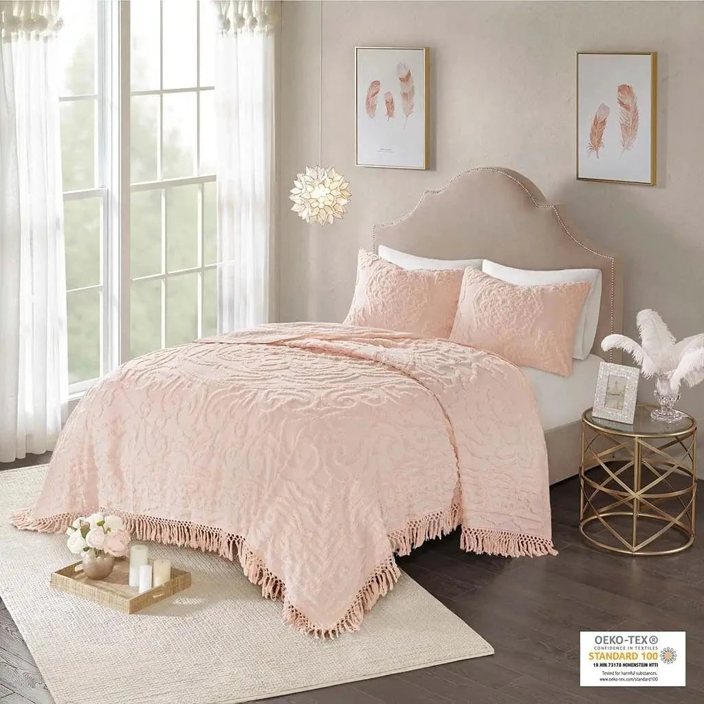 Tufted Cotton Chenille Medallion Fringe Coverlet Mini Set Bedspreads & Coverlets Julia M LifeStyles