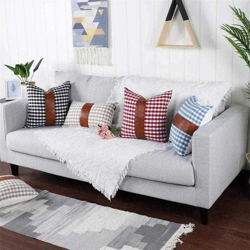 Buffalo Check Plaid Farmhouse Decorative Throw Pillow Covers Boho Accent Faux Leather Pillowcases for Couch Sofa Julia M LifeStyles
