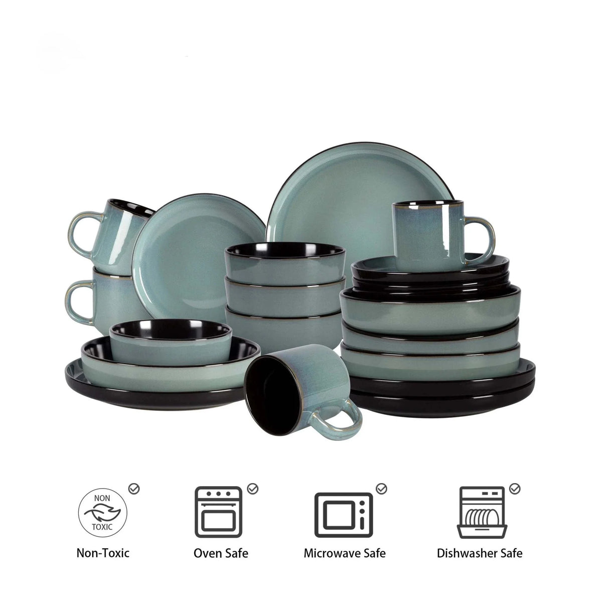 Reactive glaze green stoneware ceramic 20-piece dinnerware set for four with Nordic speckle design