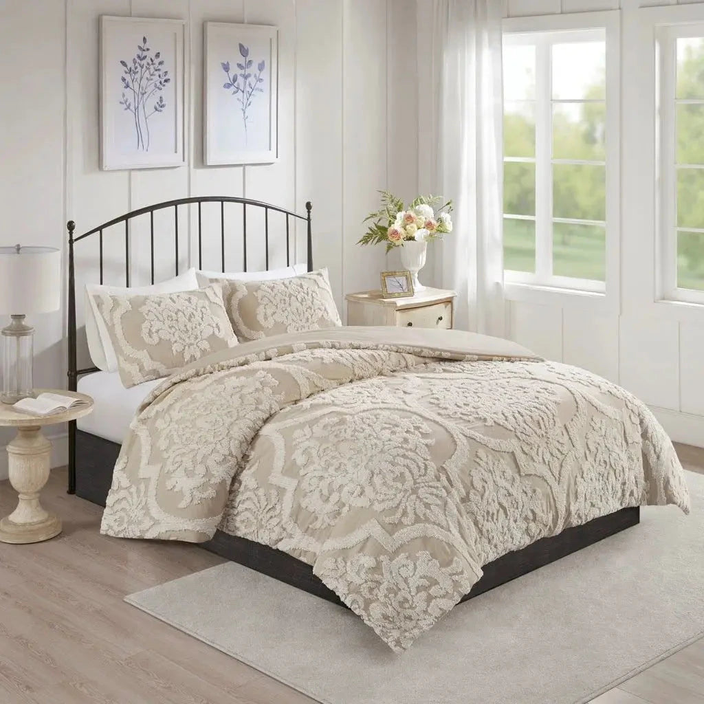 3-Piece Tufted Cotton Chenille Damask Duvet Cover Set Julia M LifeStyles