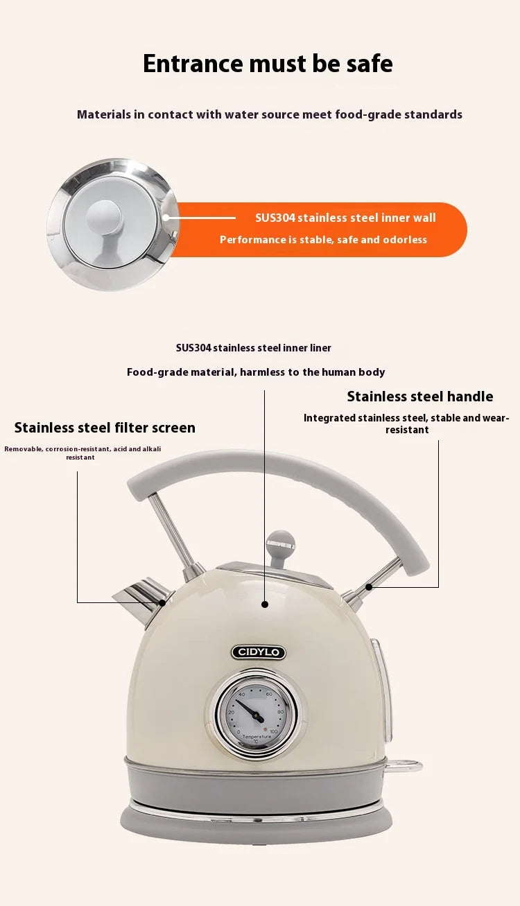 White kettle with labeled features on a white background