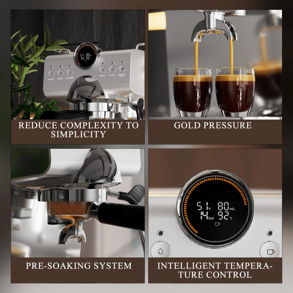 Collage of an espresso machine with text highlighting features like gold pressure, pre-soaking system, and intelligent temperature control.