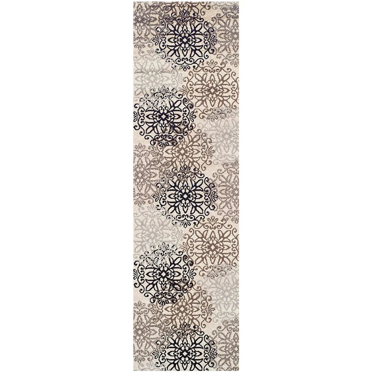 11' Tan Gray and Black Floral Medallion Runner Rug Stain Resistant Product Julia M LifeStyles