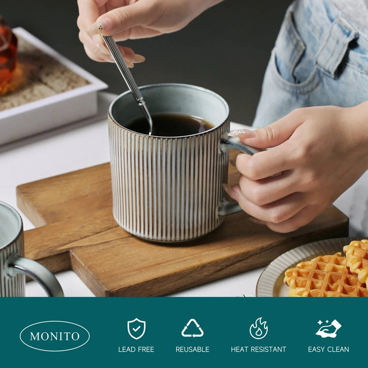 16Oz Ceramic Coffee Mugs Set of 4 Rustic Stoneware Coffee Cups Set with Large Handle for Latte Cocoa Tea Milk Smoky Blue Julia M LifeStyles