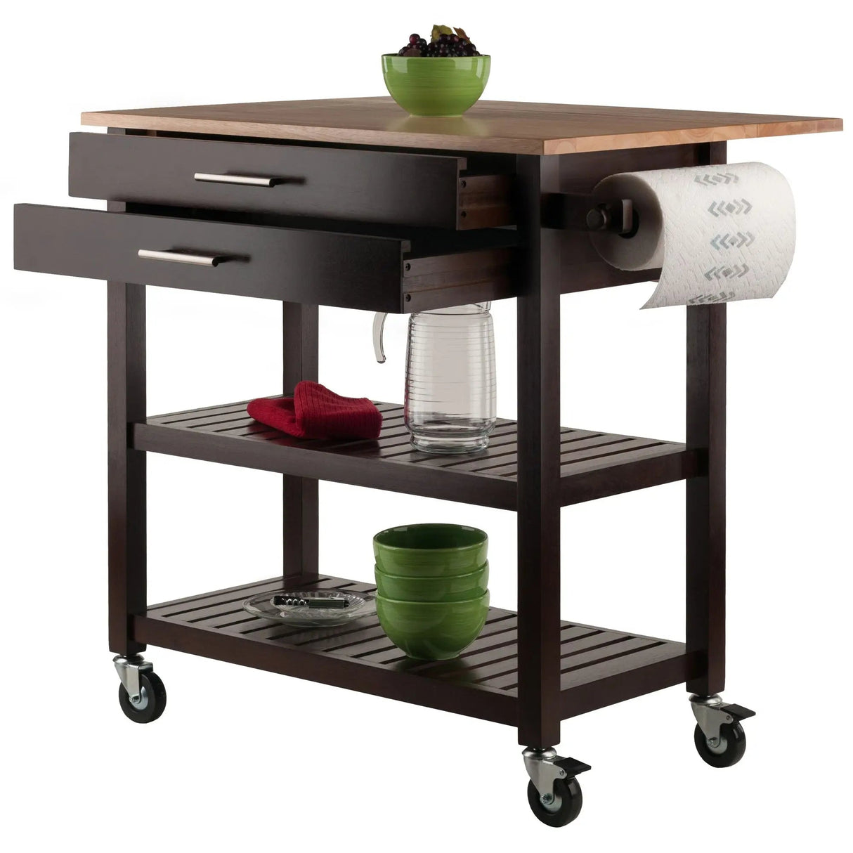 Langdon Modern Kitchen Cart with Drop Leaf Cappuccino and Natural Wood Finish Stainless Steel Panel Julia M LifeStyles