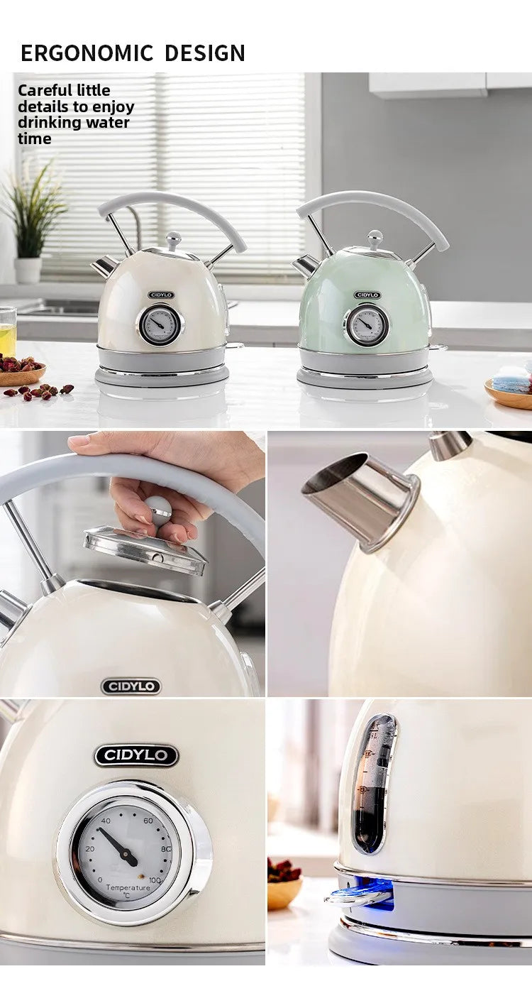 Collage of a white electric kettle with ergonomic design features on a kitchen counter.