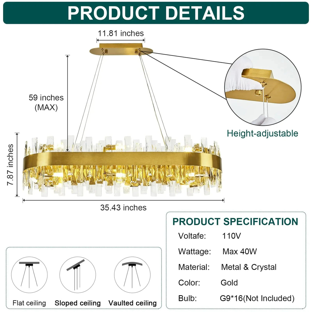 Modern Crystal Chandelier Rectangle Chandelier Luxury Oval Chandeliers for Kitchen Island, Dining Room, Living Room, Home Office Julia M LifeStyles