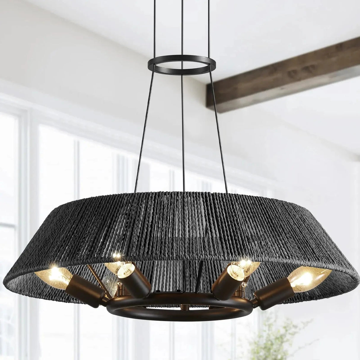 Farmhouse Chandelier Light Fixtures Hand Woven Fabric Shade Coastal Hanging Lighting for Dining Room Kitchen Island Living Room Julia M LifeStyles