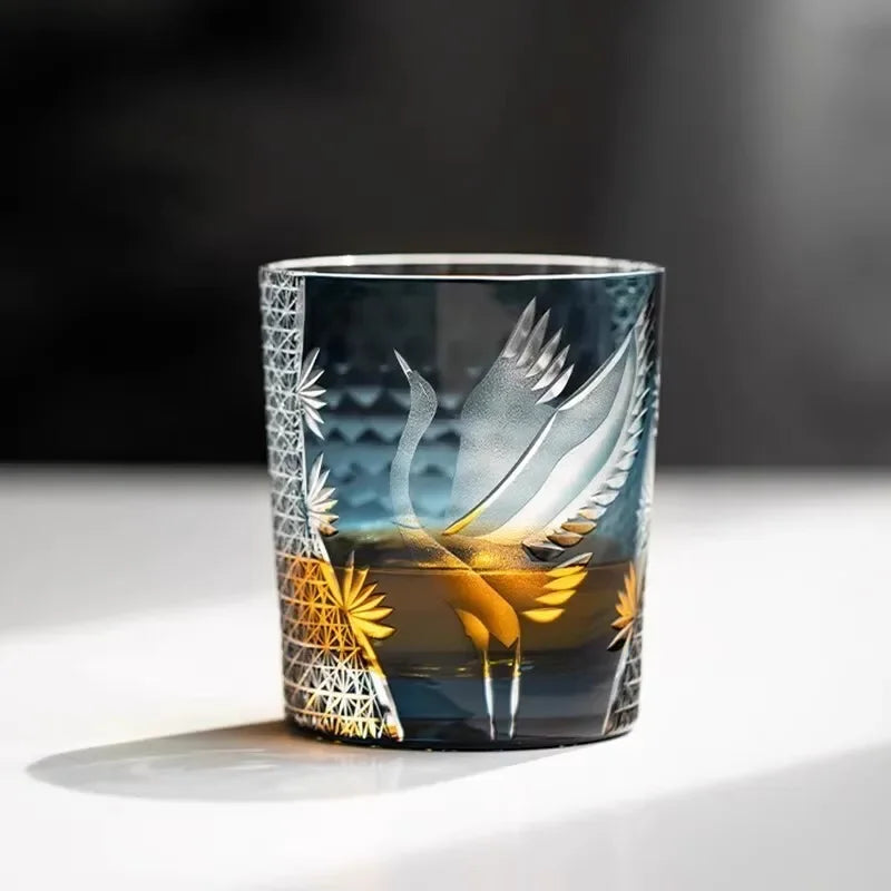 Japanese Hand Engraved Pine Crane Edo Kiriko Crystal High Quality Reusable Shot Glass Wine Brandy Snifter