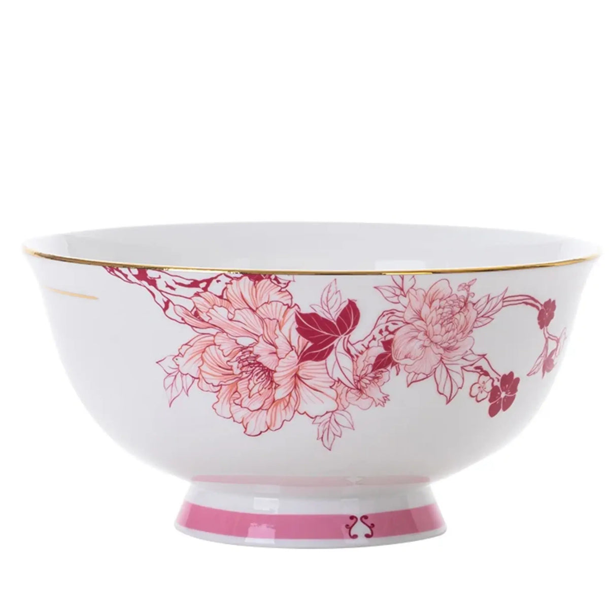 White bowl with pink floral design on a white background
