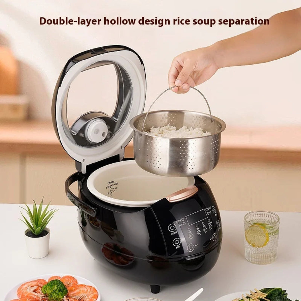 Black rice cooker with a double-layer design for rice soup separation, shown on a kitchen counter.