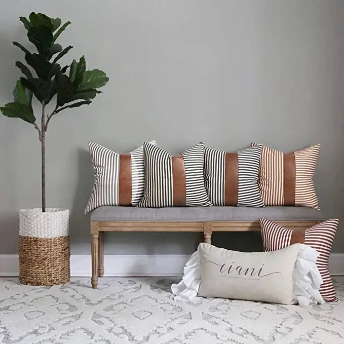 Home Decor Throw Pillow Cover Decorative Pillow Case Design Black Strips Faux Leather Patch Pillow 18x18 Geometric Cushion Cover Julia M LifeStyles