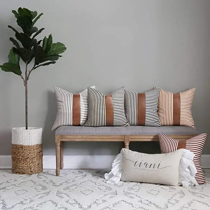 Home Decor Throw Pillow Cover Decorative Pillow Case Design Black Strips Faux Leather Patch Pillow 18x18 Geometric Cushion Cover Julia M LifeStyles