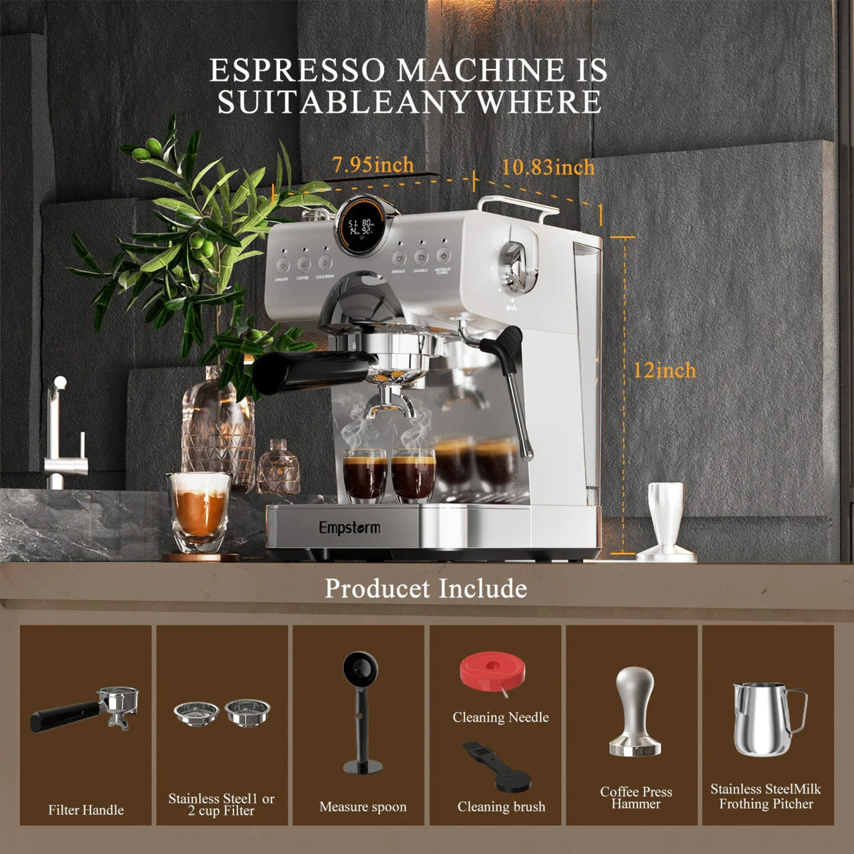 Espresso machine with dimensions and included accessories on a countertop.