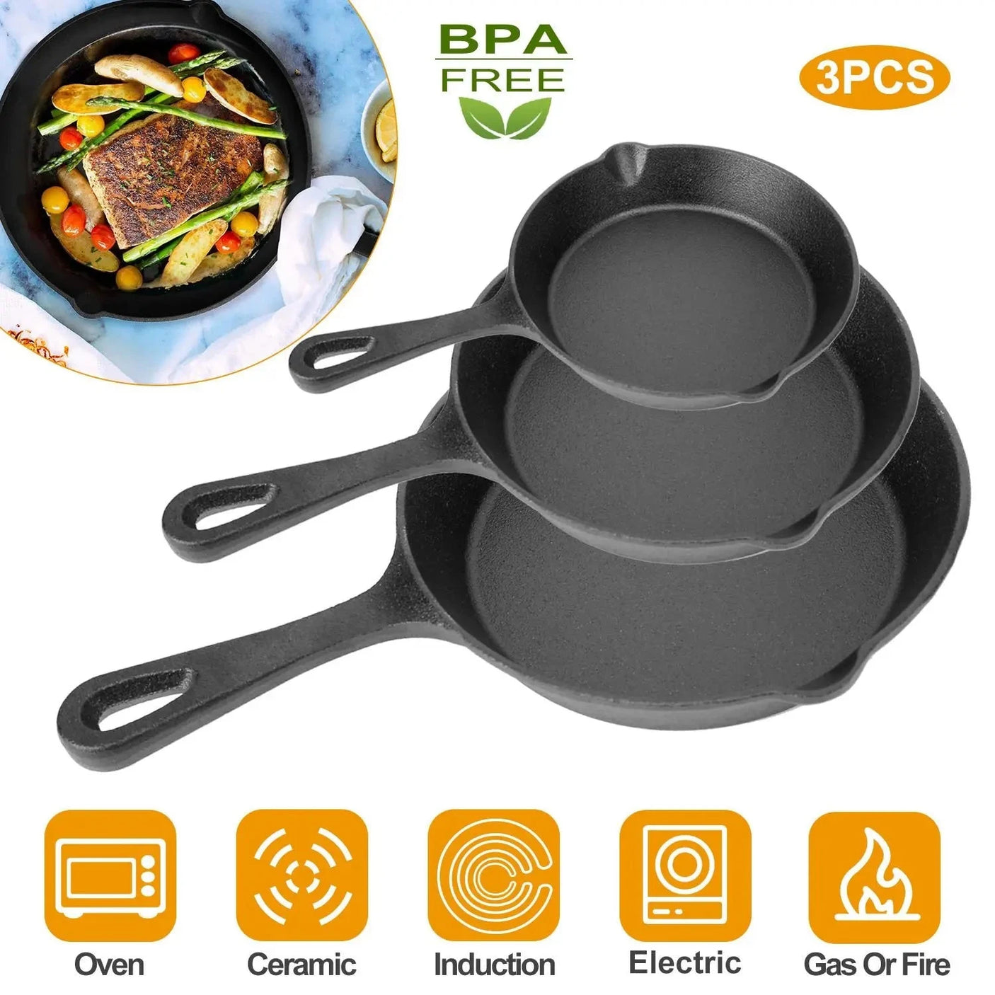 DB 3-Piece Pre-Seasoned Cast Iron Cookware Set 6/8/10-Inch Non-Stick Oven Safe Skillets Heat-Resistant Frying Pan Julia M LifeStyles