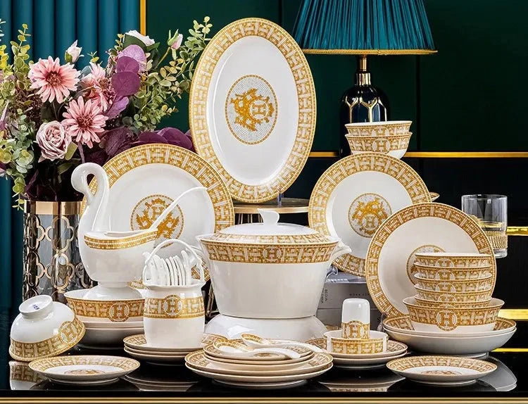 60 Pcs Golden Mosaic Eco-Friendly Porcelain Tableware Set Julia M LifeStyles