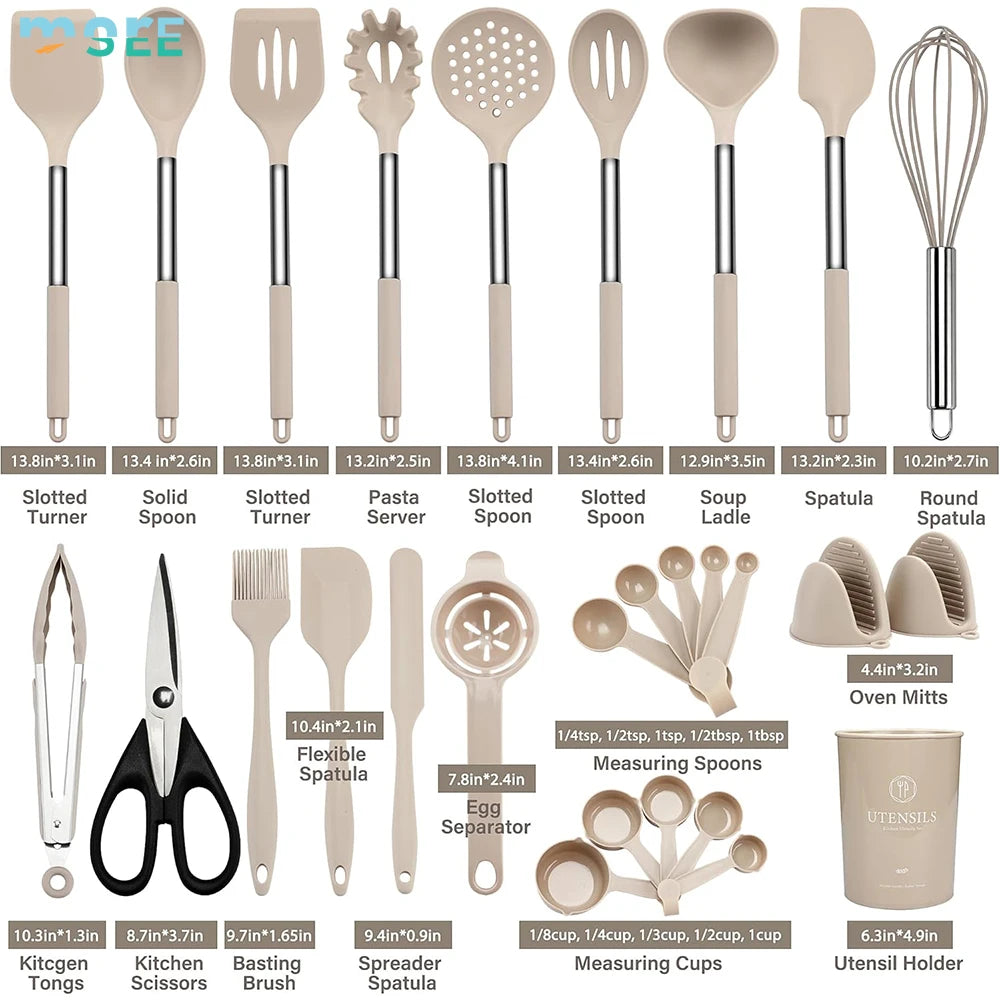 28-Piece Khaki Silicone Cooking Utensil Set with Holder and Wooden Handles - Julia M LifeStyles