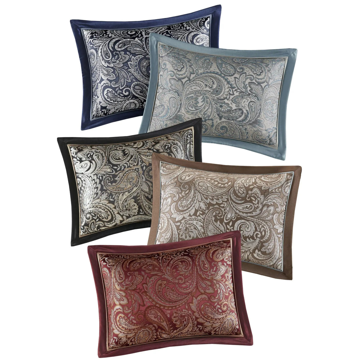 Set of five decorative pillows with paisley patterns in various colors on a white background.