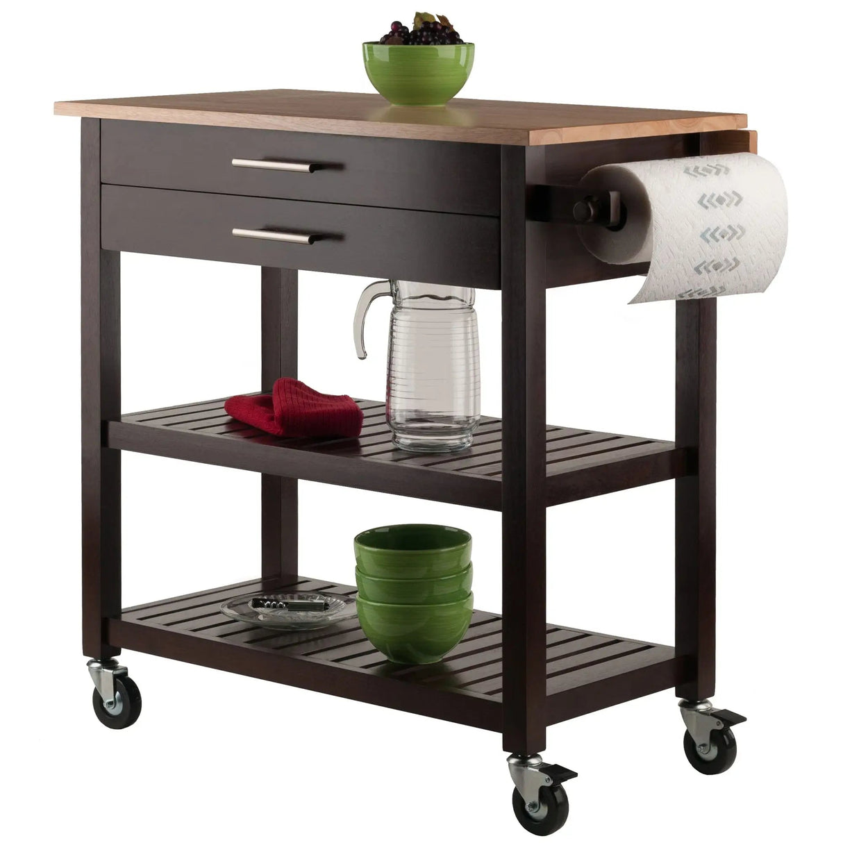 Langdon Modern Kitchen Cart with Drop Leaf Cappuccino and Natural Wood Finish Stainless Steel Panel Julia M LifeStyles