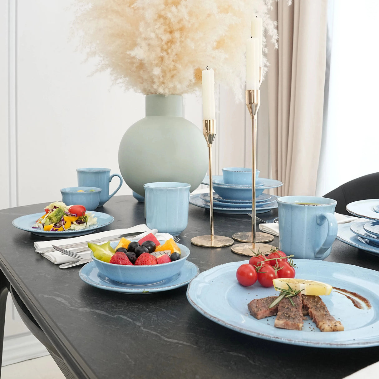Cheap Blue Color Glazed Stoneware Dinner Set Tableware Ceramic Tableware 56pcs Ceramic Dinnerware Sets Julia M LifeStyles